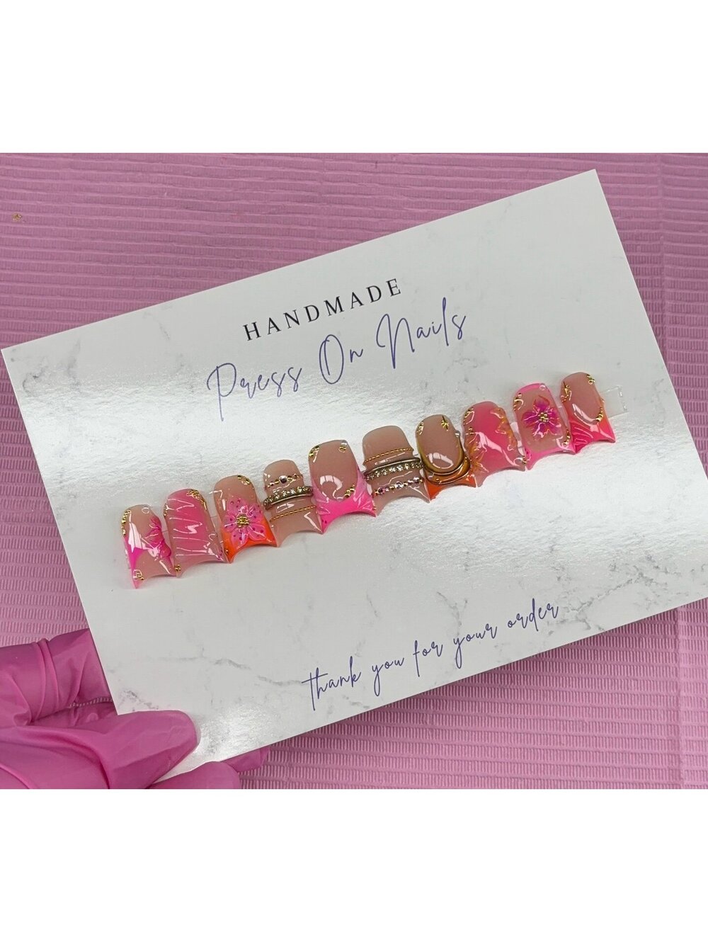 Medium duck press on nails pink orange French tips gold 3d gel flowers bangle